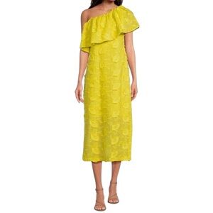 Abbey Glass Yellow Sutton Lace 3D Floral Ruffle One Shoulder Midi Cotton Dress